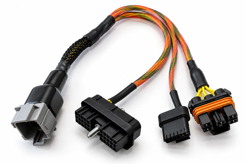 Adaptador de banco CTS para ECM Detroit DDEC III y DDEC IV con sus conectores de ECM y el conector gris hacia el cable base