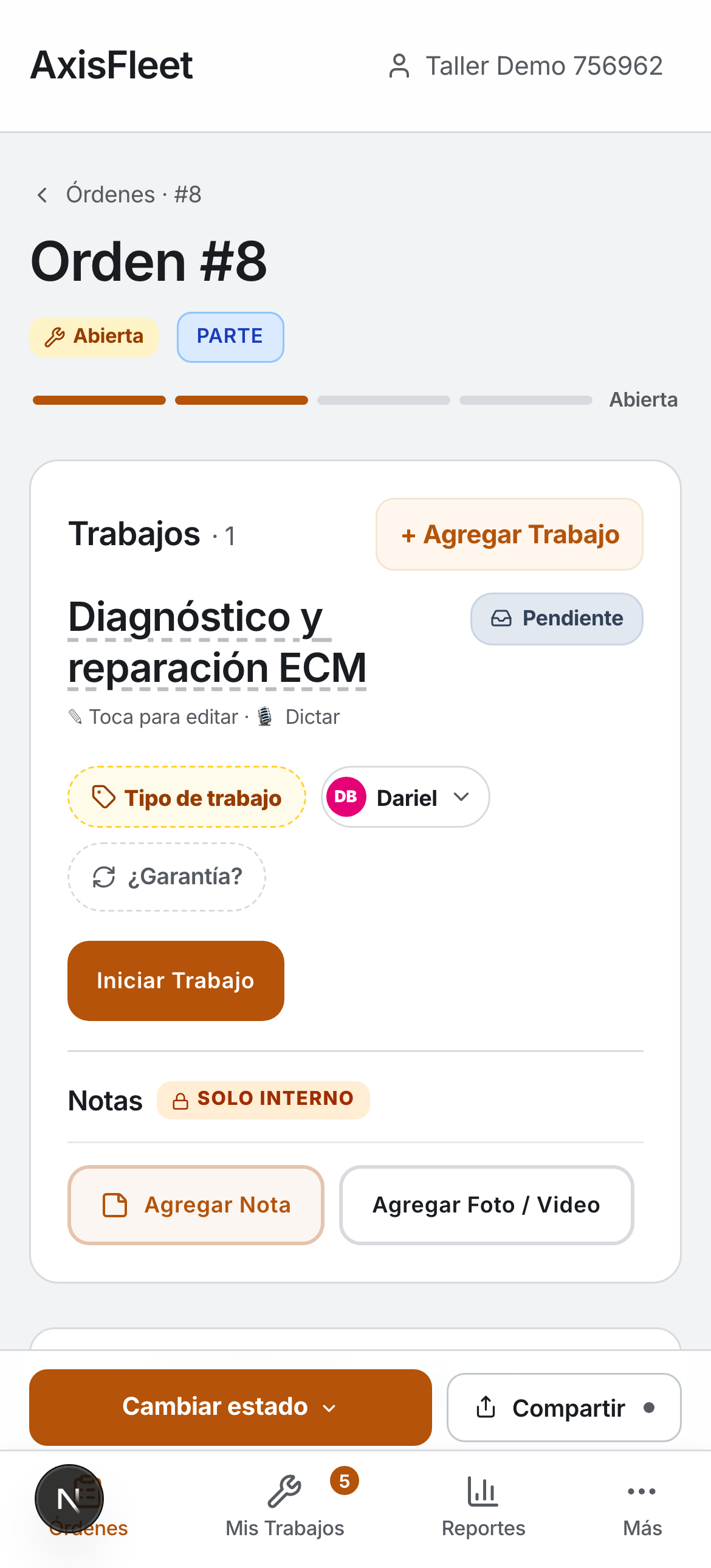 AxisFleet on a phone: a work order for ECM diagnosis and repair, with warranty and internal notes