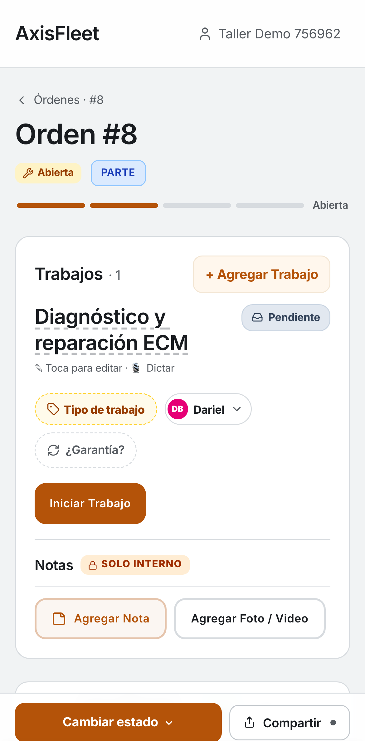 AxisFleet on a phone: a work order for ECM diagnosis and repair, with warranty and internal notes